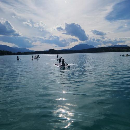 Kinder beim Stand Up Paddling im Faaker See